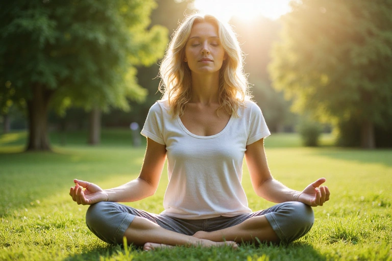 Egy nyugodt nő meditál egy zöld, természetes környezetben, ami a holisztikus egészséges életmódot szimbolizálja.
