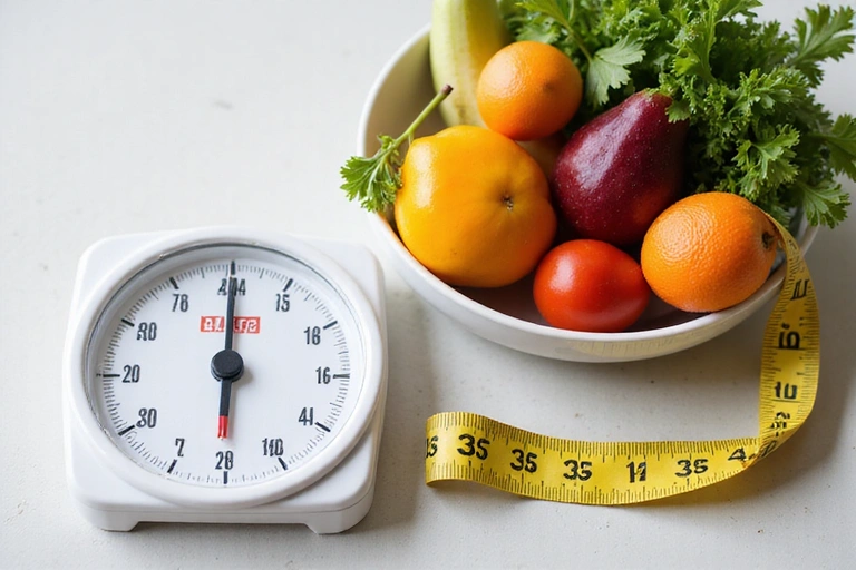 Egy mérleg és egy mérőszalag egy tál friss gyümölcs és zöldség mellett, ami a súlykontrollt szimbolizálja.