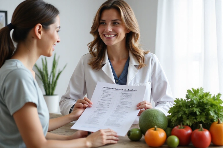 Egy táplálkozási tanácsadó személyre szabott étrendet mutat be egy kliensnek, miközben friss zöldségek és gyümölcsök vannak az asztalon.